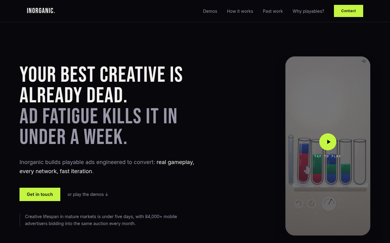 Inorganic Games homepage: a real game studio that builds playable ads